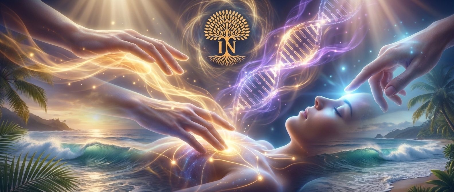 IN Manifestation branded hero background with logo and sacred geometry.